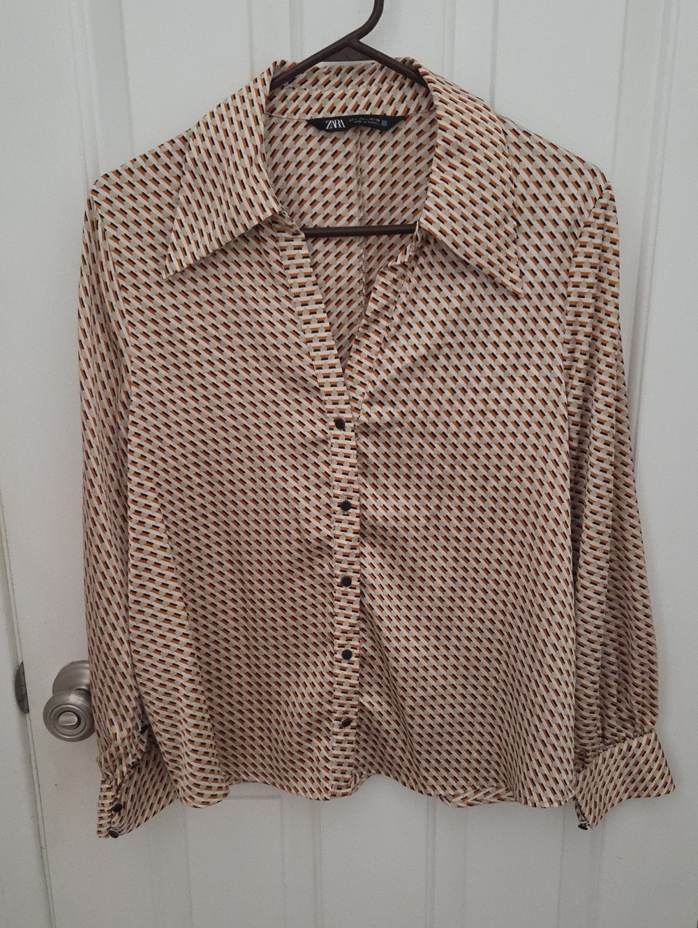 Zara Beige and Brown Geometric-Print Button Down Shirt